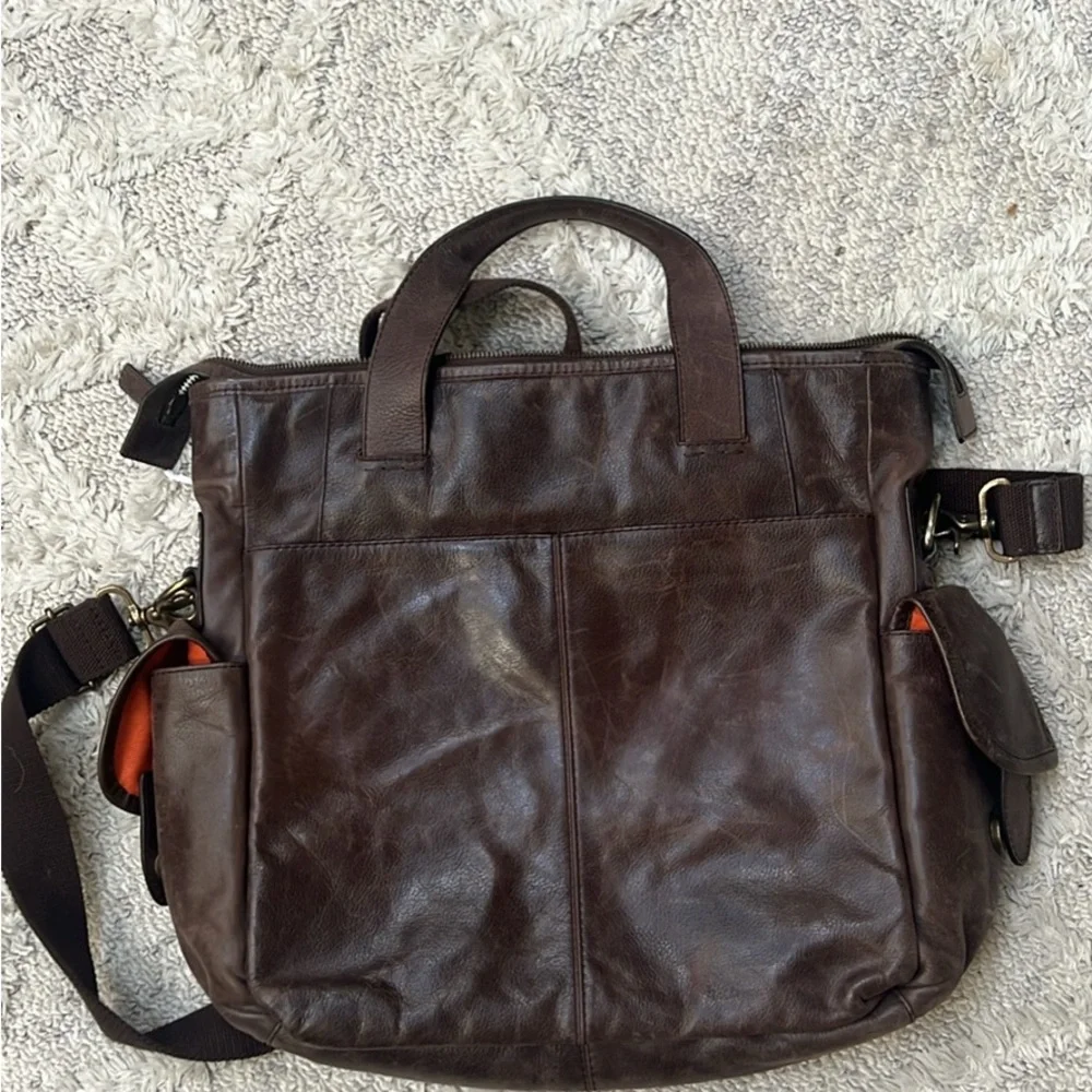 Cole Haan Dark Brown Leather Messenger Tote with Front Flap Pockets